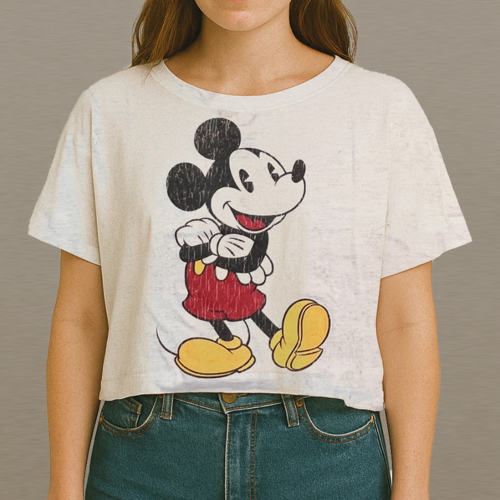 Disney Mickey Mouse Retro 80’s Style Boxy Crop White With Gold Flecks T-Shirt Lg